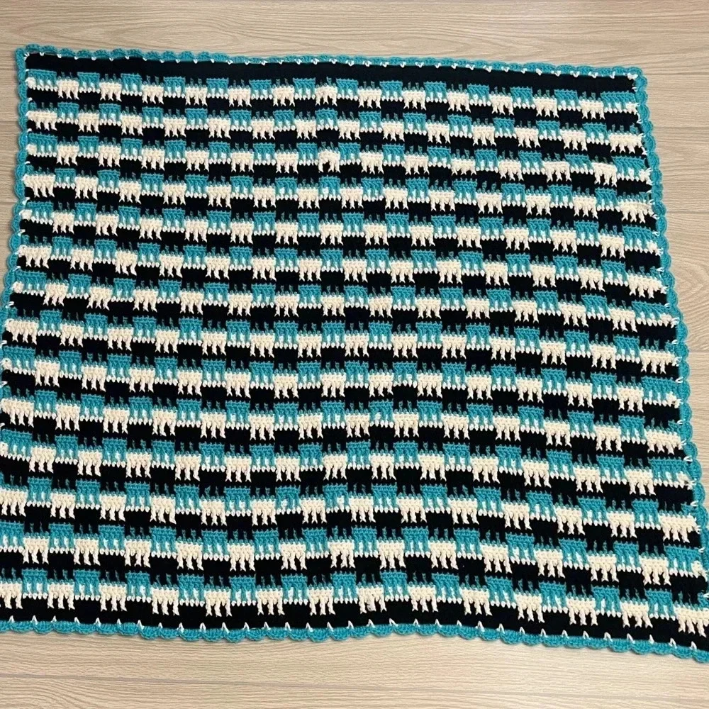 Hand Crochet Teal White Black Acrylic Baby Blanket 38”W x 40”L